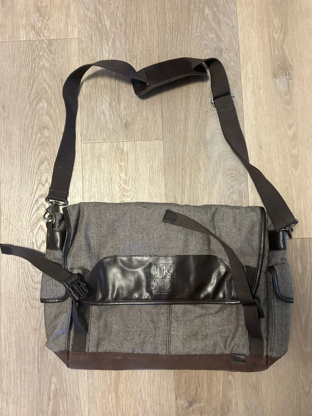 Brown/Gray Messenger Bag with Brown Leather Trim